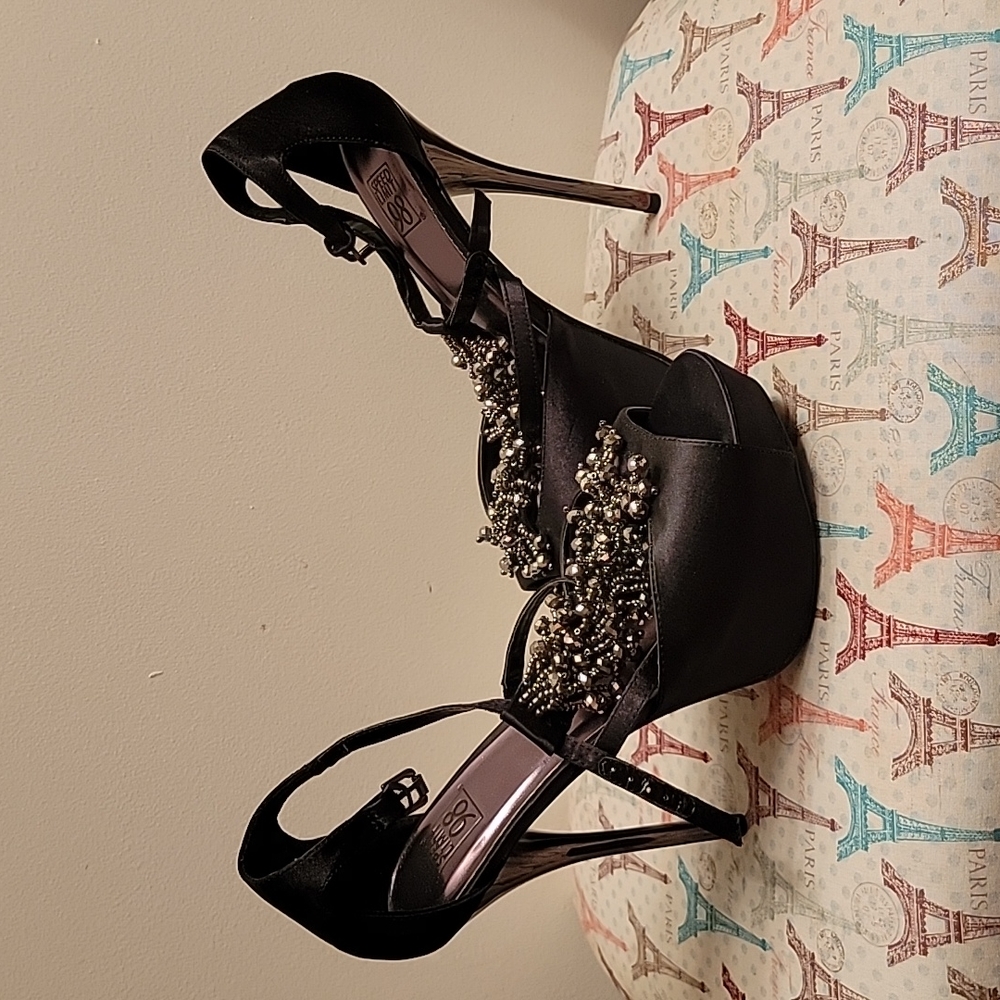 Black satin peep toe heels